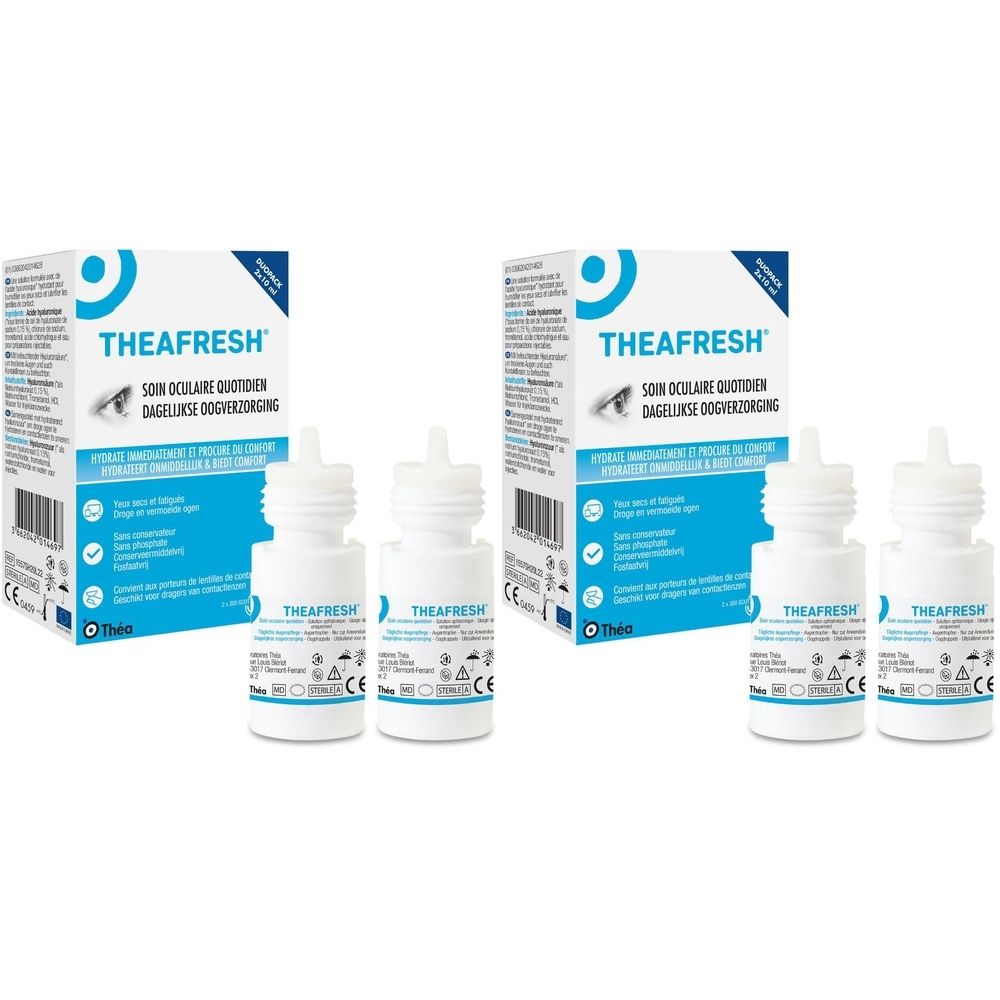 Deux boîtes THEAFRESH® DUOPACK et gouttes oculaires. Flacons blancs avec étiquettes bleues. Visible : nom de la marque, texte.