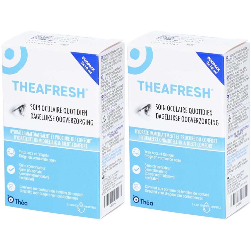 Deux boîtes THEAFRESH® DUOPACK. Boîtes blanches avec accents bleus et informations produit. Visible : nom de la marque, texte.