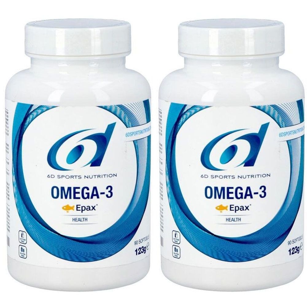 Deux flacons blancs avec étiquette bleu et blanc. Inscription: 6d Omega-3 Epax. 90 gélules, 123g.
