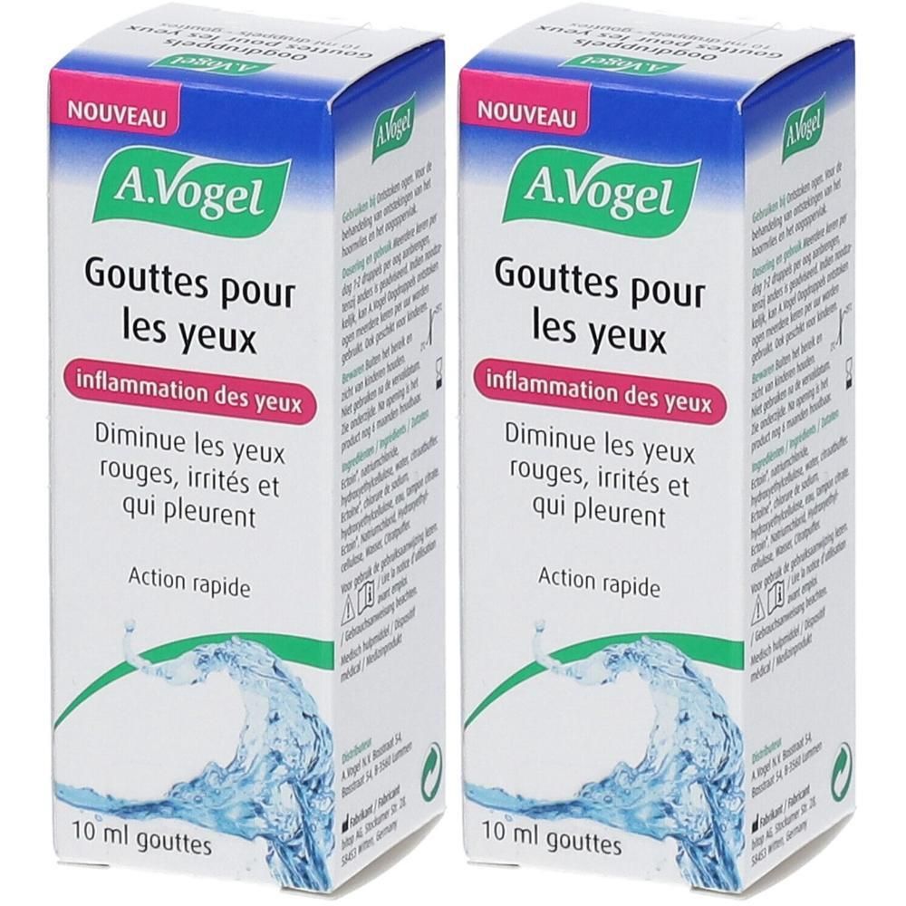 Deux boîtes de gouttes ophtalmiques A.Vogel. Inscription: Gouttes pour les yeux, inflammation des yeux. 10 ml.