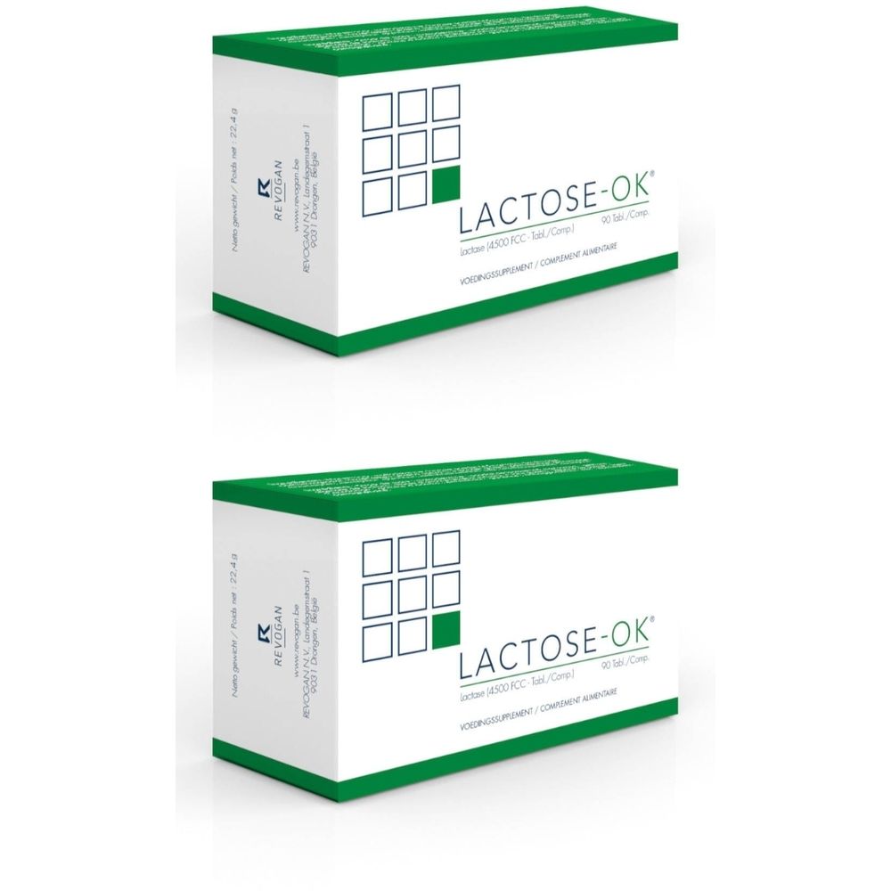 Deux boîtes blanches avec un couvercle vert. Le texte "LACTOSE-OK" est visible. Un logo avec des carrés est en haut à gauche.