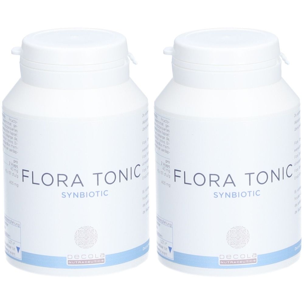 Deux flacons blancs avec bouchons à vis. Inscription: Flora Tonic Synbiotic. Logo Decola Nutraceuticals.