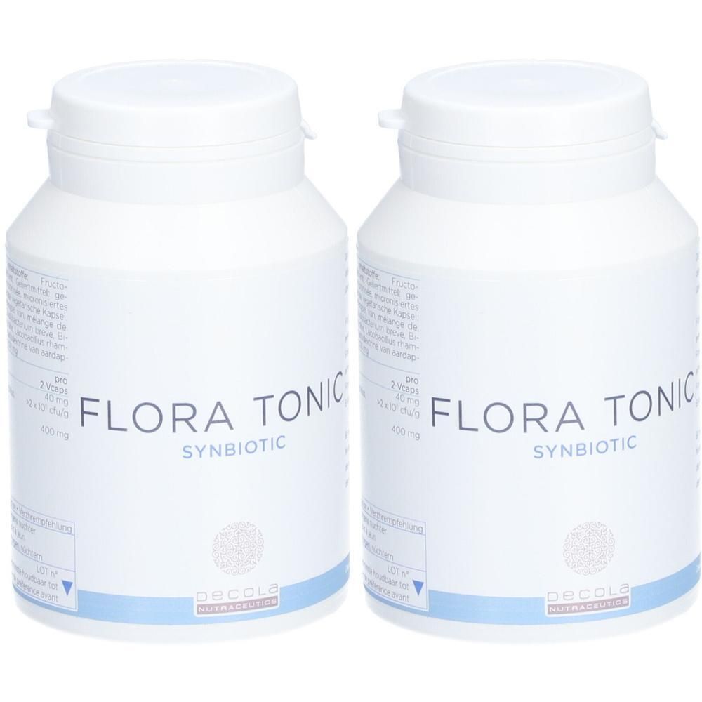 Deux flacons blancs avec bouchons à vis. Inscription: Flora Tonic Synbiotic. Logo Decola Nutraceuticals.