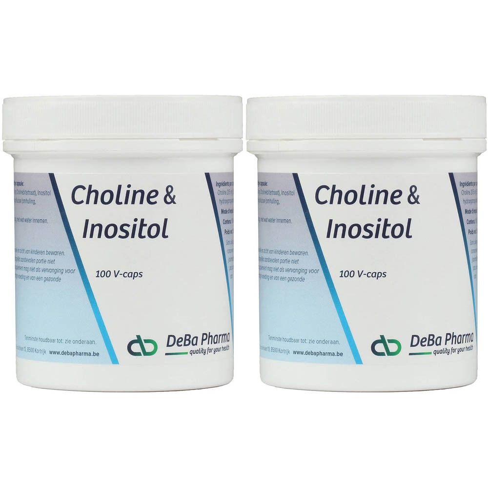 Deux pots blancs avec l'inscription Choline & Inositol. En dessous, 100 V-caps et le logo DeBa Pharma sont visibles.