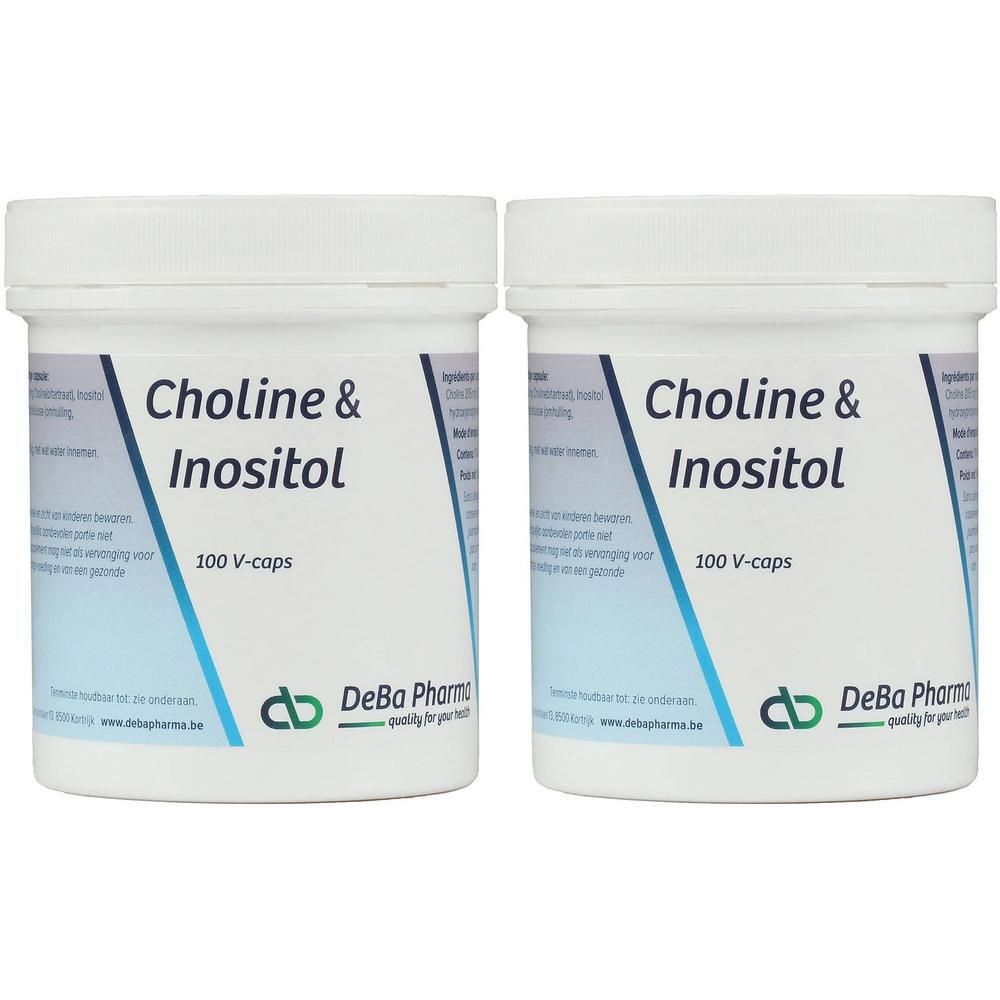 Deux pots blancs avec l'inscription Choline & Inositol. En dessous, 100 V-caps et le logo DeBa Pharma sont visibles.