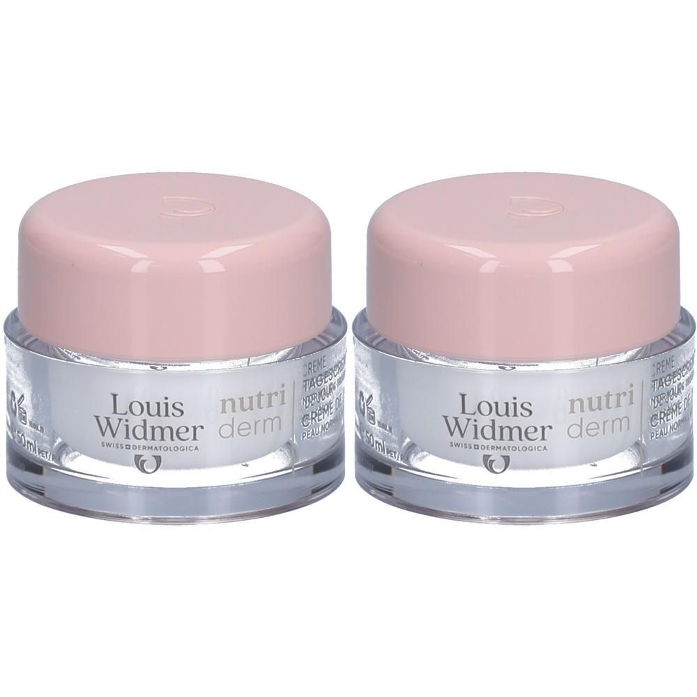 Deux pots Louis Widmer Nutriderm, couvercles roses, pots transparents. Inscription: Nutri Derm.