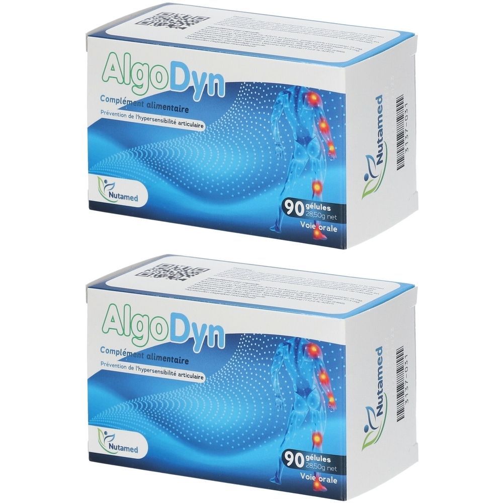 Deux boîtes de Nutamed AlgoDyn®. Emballage blanc avec design bleu et informations produit. 90 gélules.