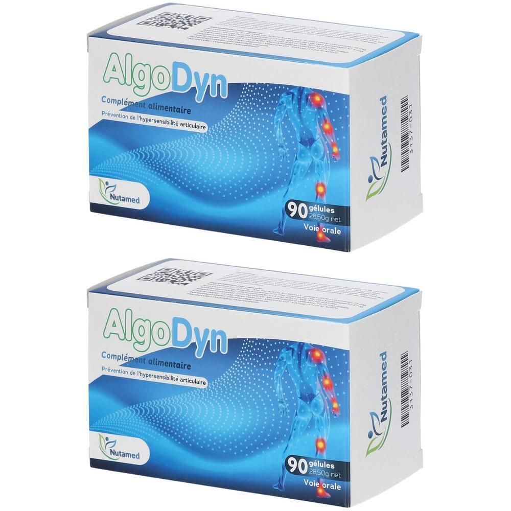 Deux boîtes de Nutamed AlgoDyn®. Emballage blanc avec design bleu et informations produit. 90 gélules.