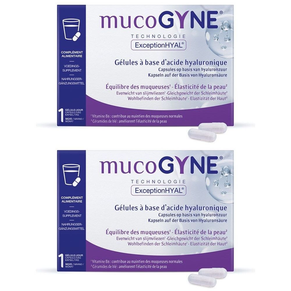 Deux boîtes MUCOGYNE, violet et blanc. Gélules à côté. Texte : Gélules à base d'acide hyaluronique, Équilibre des muqueuses.