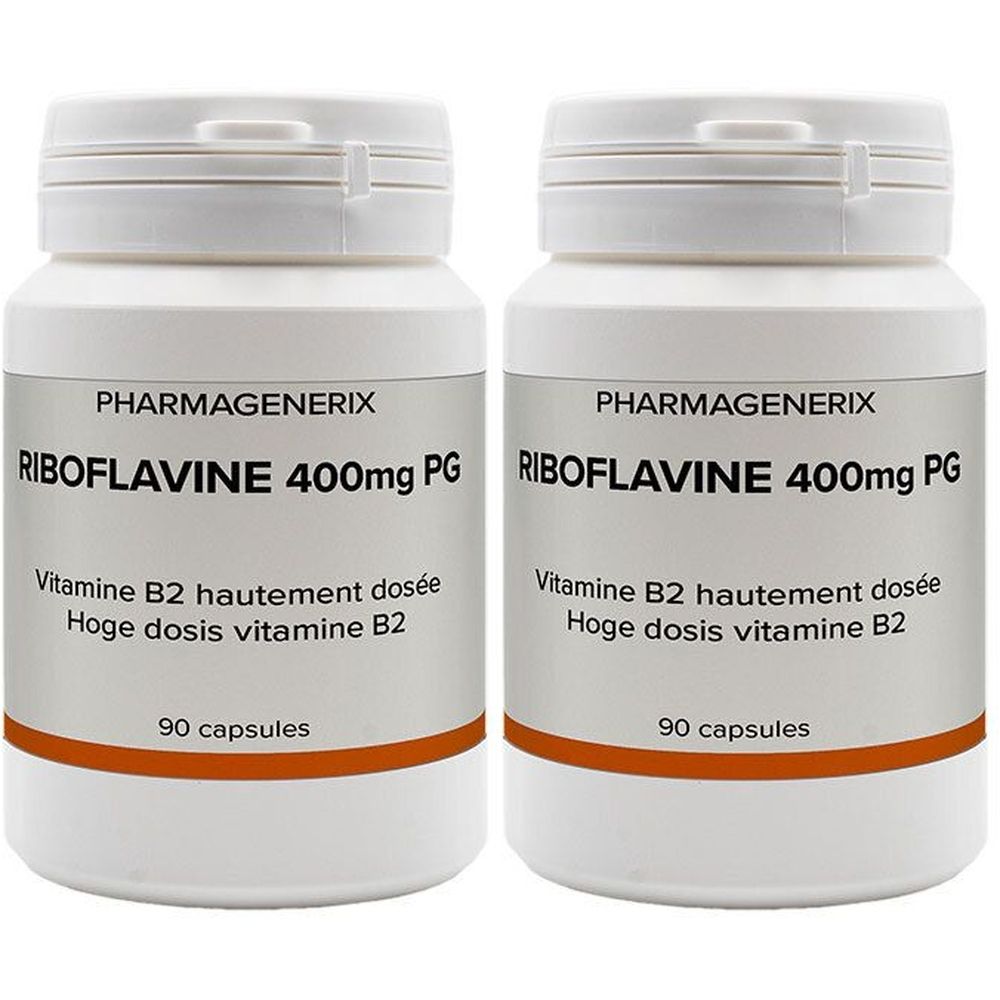 Deux flacons blancs avec étiquettes. Inscription: Pharmagenerix Riboflavine 400 mg PG. Contient 90 capsules.