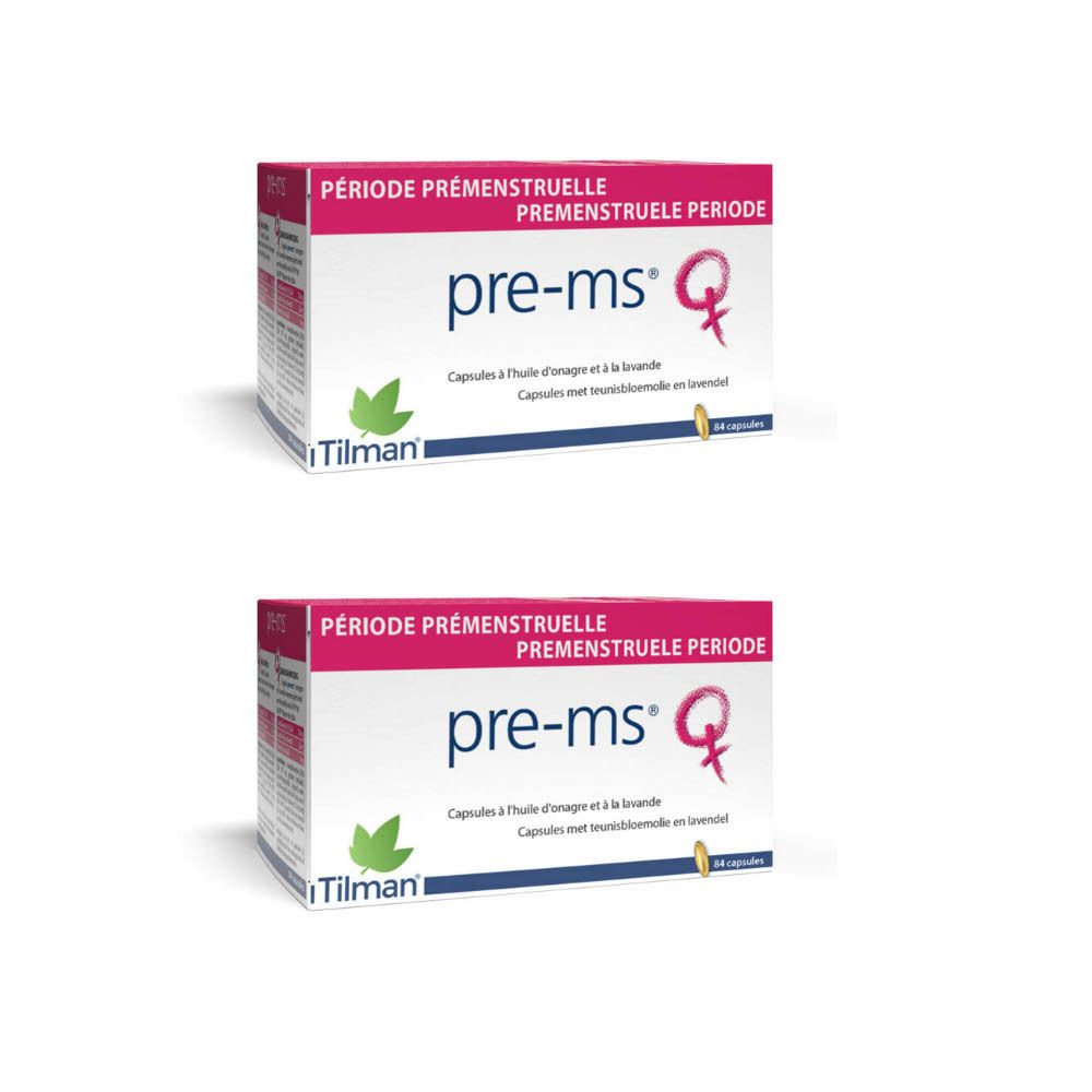 Deux boîtes de gélules pre-ms®. Emballage blanc avec accents roses et verts. Texte: pre-ms®, Période prémenstruelle, Tilman.