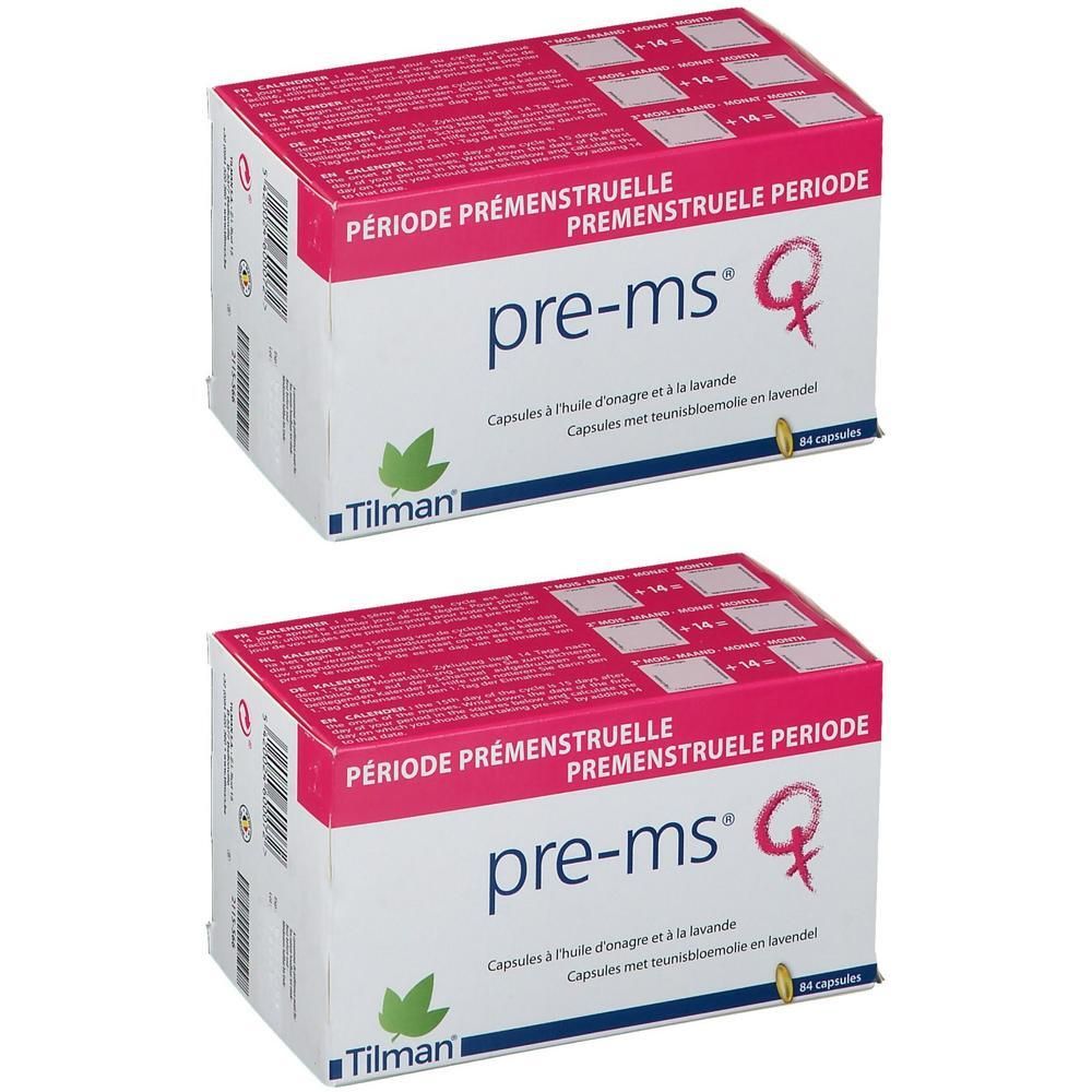 Deux boîtes de gélules pre-ms®. Emballage blanc avec accents roses et verts. Texte: pre-ms®, Période prémenstruelle, Tilman.