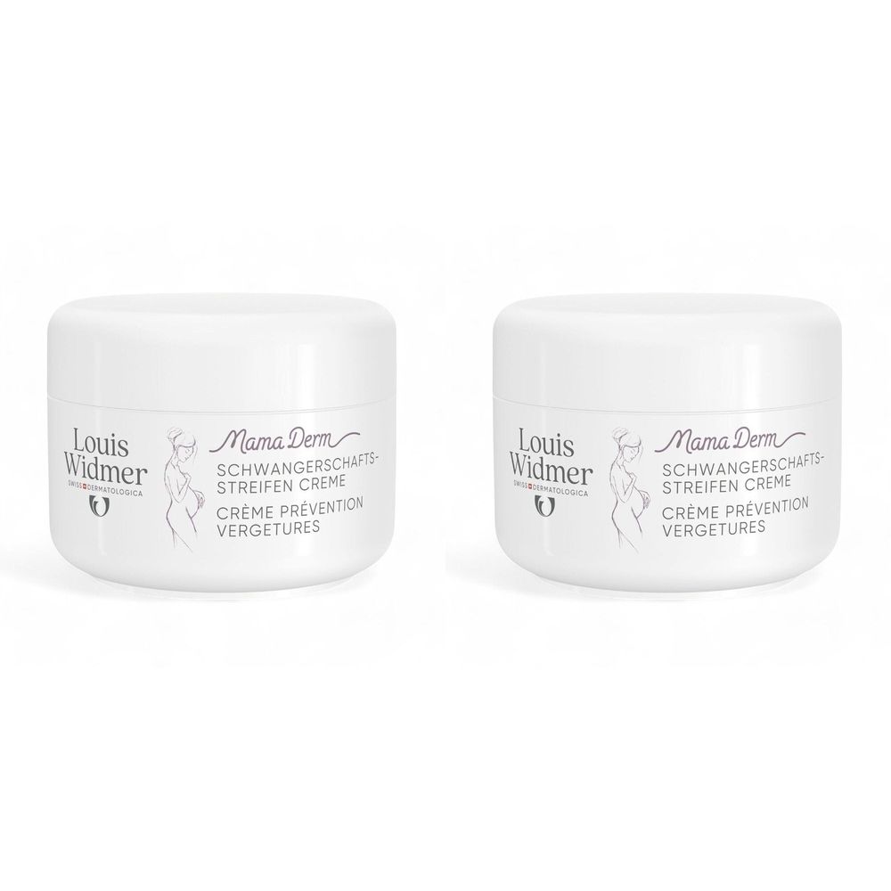 Deux pots blancs Louis Widmer MamaDerm. Inscription: Crème Prévention Vergetures. Logo: Femme enceinte.