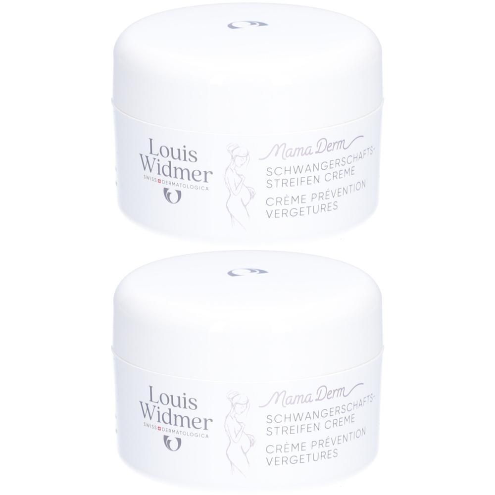 Deux pots blancs Louis Widmer MamaDerm. Inscription: Crème Prévention Vergetures. Logo: Femme enceinte.