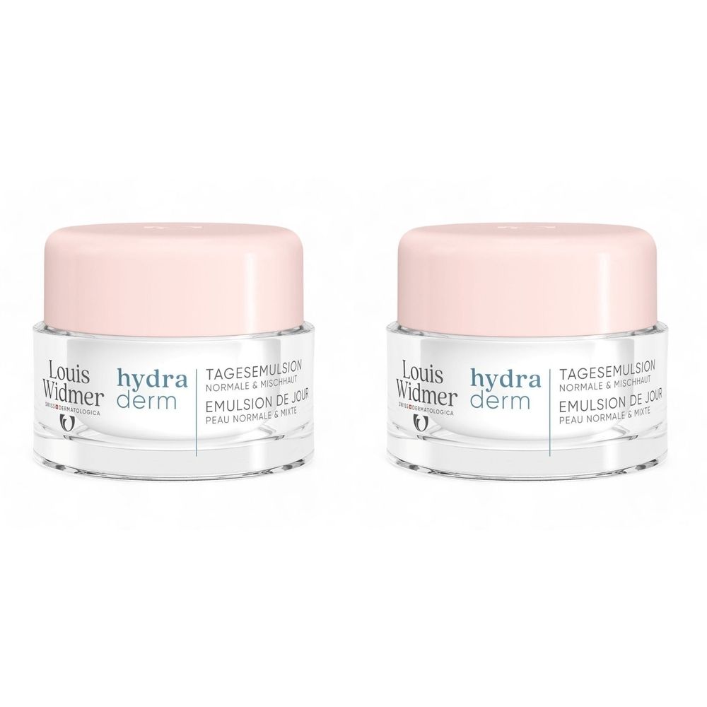 Deux pots de Louis Widmer Hydraderm Emulsion de jour. Récipients en verre avec couvercles roses. Inscription : Hydraderm, Emulsion de Jour.