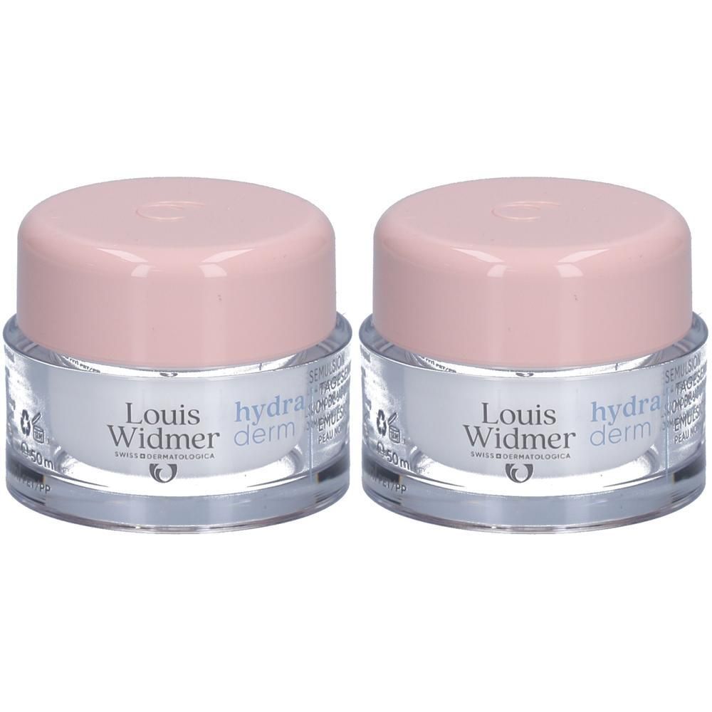 Deux pots de Louis Widmer Hydraderm Emulsion de jour. Récipients en verre avec couvercles roses. Inscription : Hydraderm, Swiss Dermatologica.