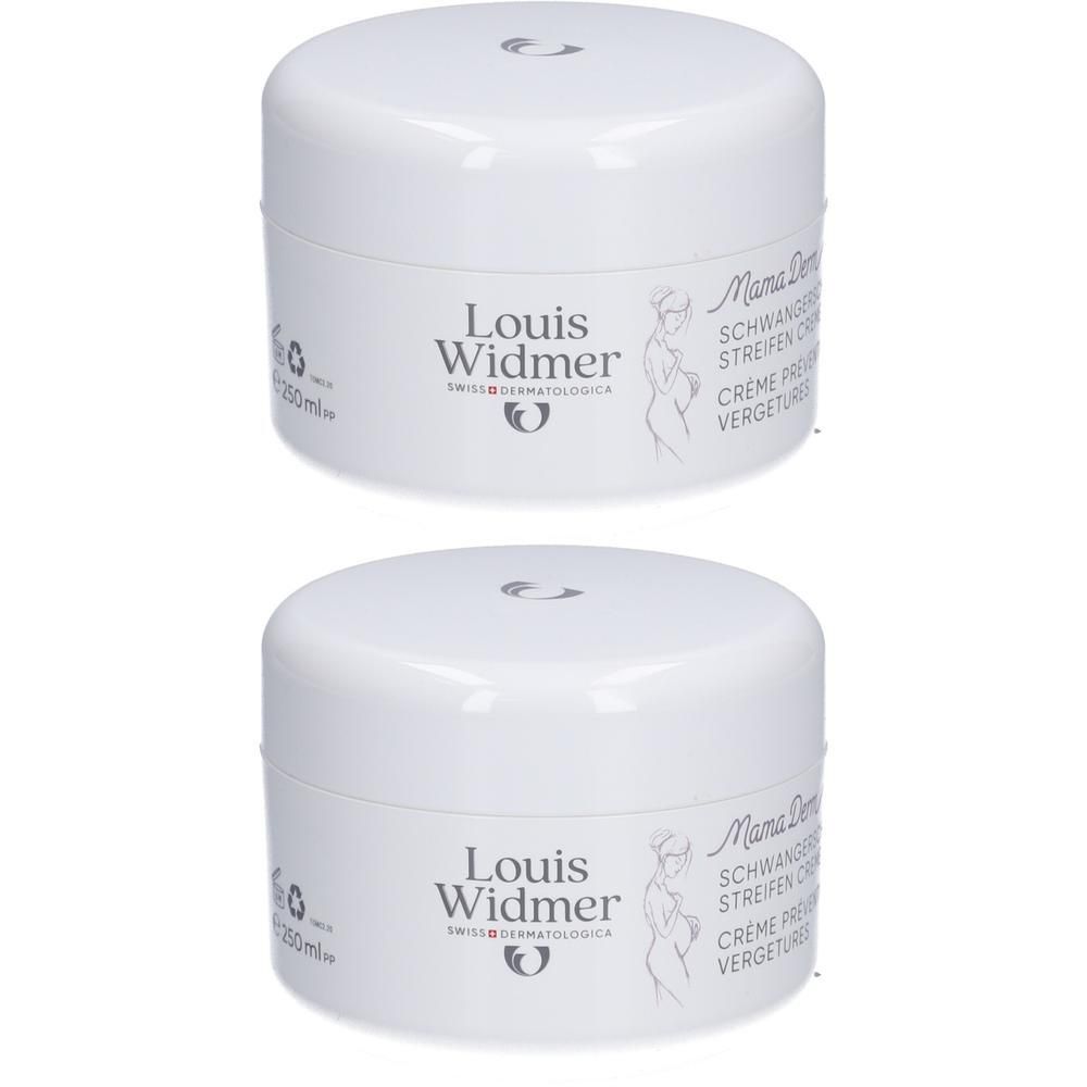 Deux pots blancs. Inscription: Louis Widmer, MamaDerm, Crème Prévention Vergetures. Logo. Contenance 200ml.