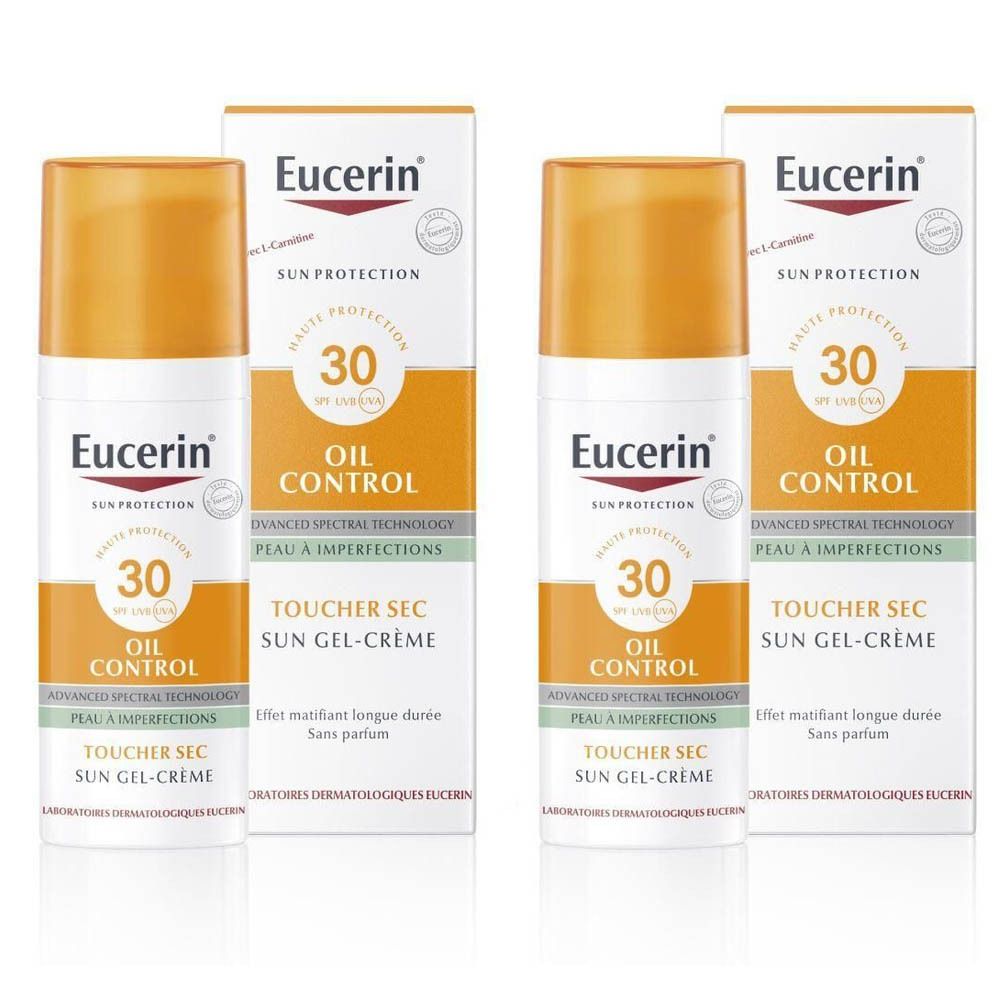 Eucerin Sun Protection Oil Control Face SPF 30. Deux flacons et emballages. Blanc, orange et texte noir.