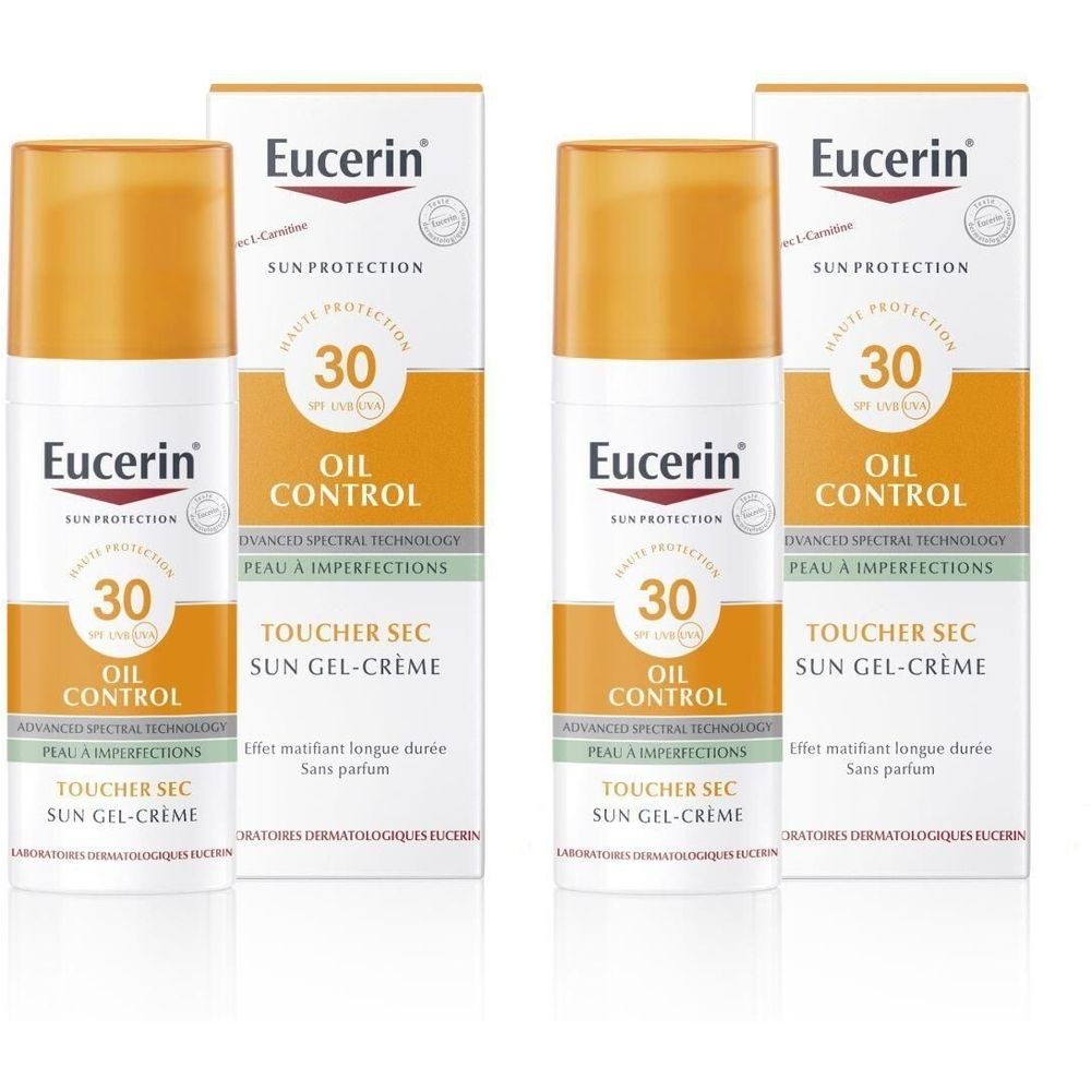 Eucerin Sun Protection Oil Control Face SPF 30. Deux flacons et emballages. Blanc, orange et texte noir.