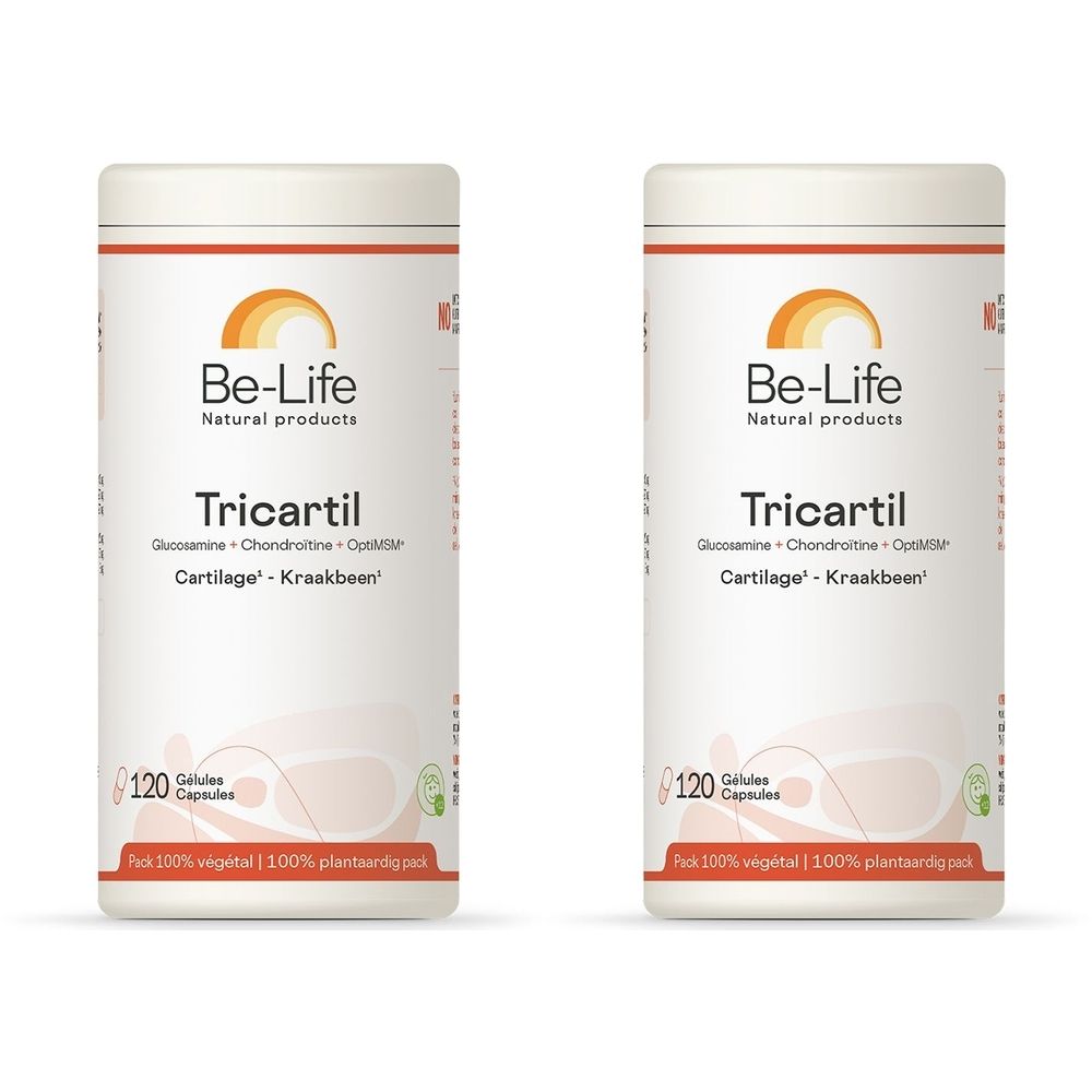 Deux boîtes blanches avec texte rouge et orange. Inscription: Be-Life Tricartil, 120 gélules. Logo soleil.