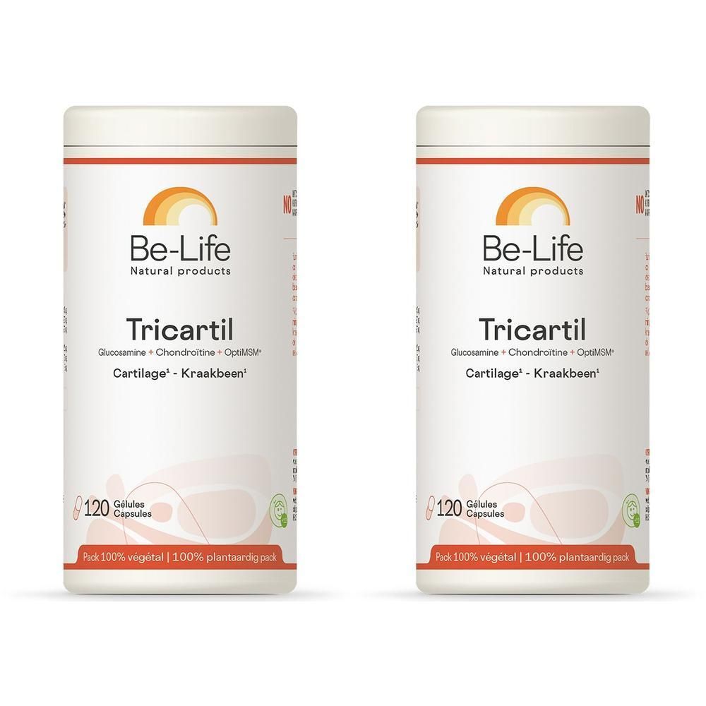 Deux boîtes blanches avec texte rouge et orange. Inscription: Be-Life Tricartil, 120 gélules. Logo soleil.