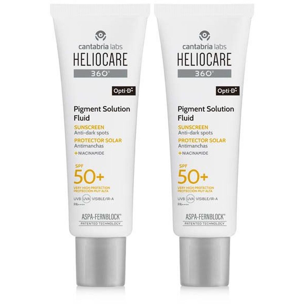 Deux tubes de Heliocare 360 Pigment Solution Fluide SPF50+. Blancs, avec texte et logo. Kantabria Labs.