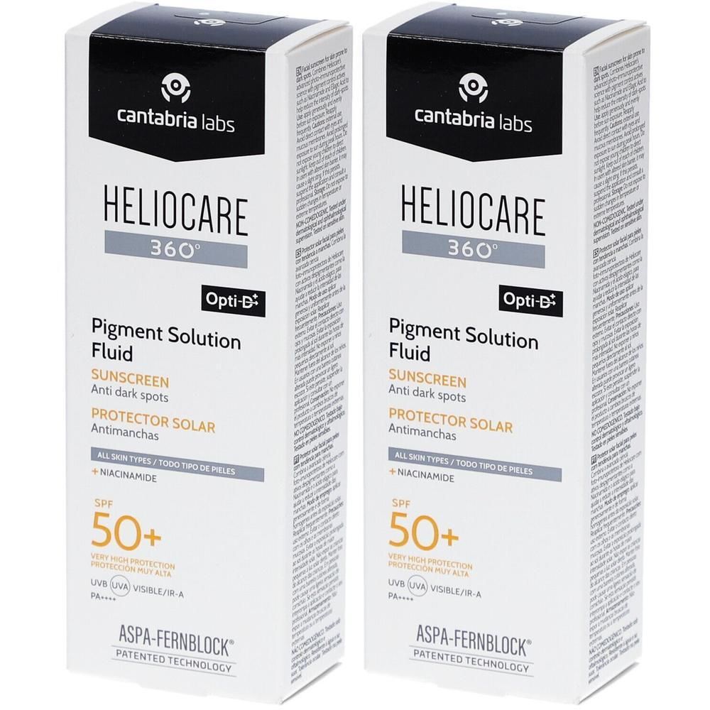 Deux boîtes de Heliocare 360 Pigment Solution Fluide SPF50+. Blanches, avec texte et logo. Kantabria Labs.