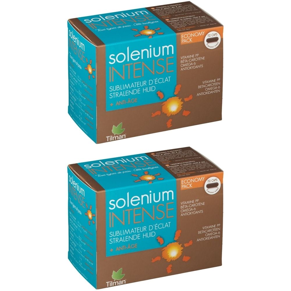 Deux boîtes Solenium INTENSE. Emballage turquoise et marron avec nom du produit et ingrédients. Autocollant "ECONOMY PACK".