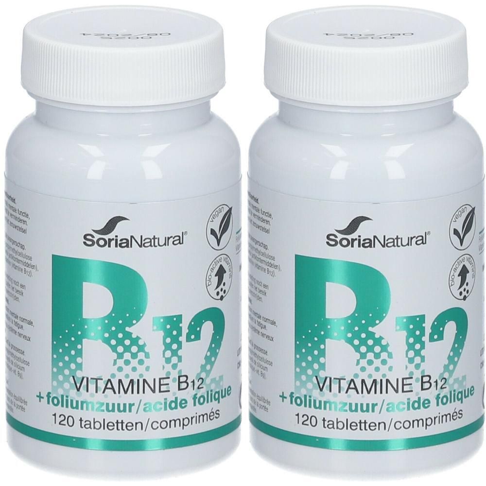 Deux flacons blancs avec bouchon à vis. Inscription: Soria Natural, B12, Vitamine B12 + acide folique, 120 comprimés.