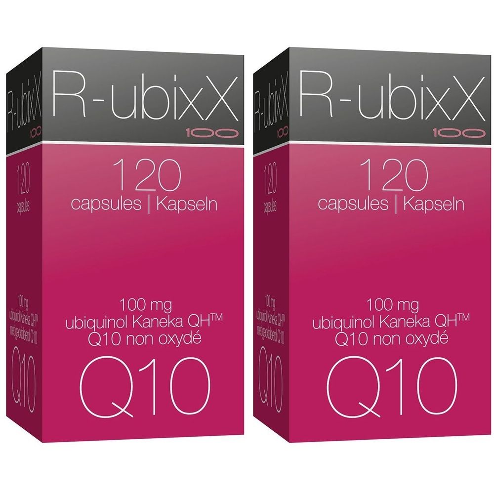 Deux boîtes de R-ubixX 100. Face avant rose avec texte blanc. Contient 120 capsules. Supplément Q10.