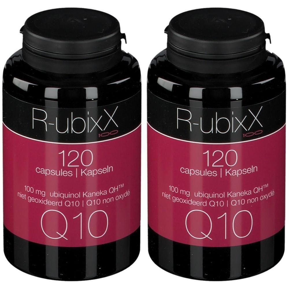 Deux flacons de R-ubixX 100. Bouchons noirs, étiquettes rouges avec texte blanc. Contient 120 capsules. Supplément Q10.