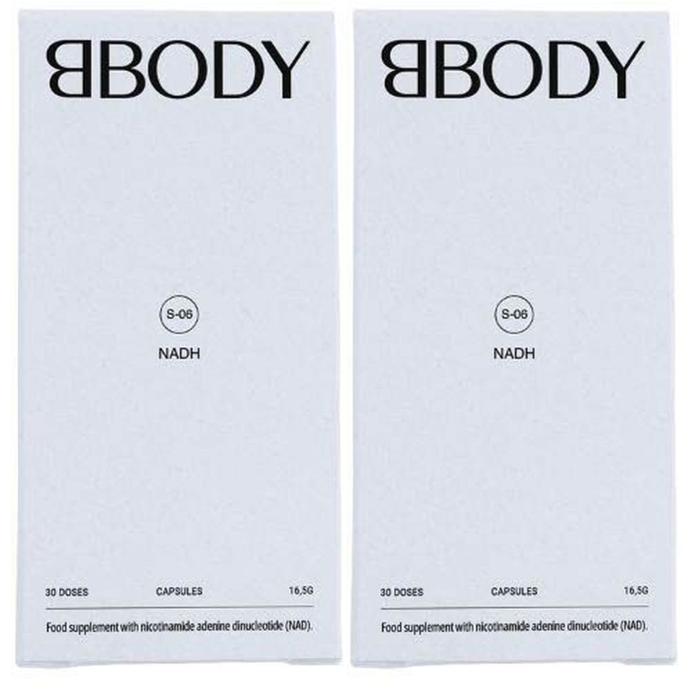 Deux boîtes blanches avec BBODY. BBODY en haut, NADH en dessous. Contient 30 gélules.