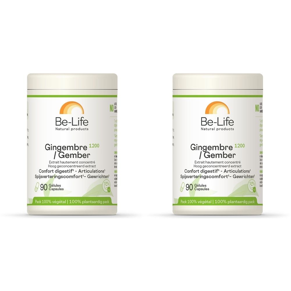 Deux boîtes blanches Be-Life Ingwer 1200. Inscription : Ingwer/Gember 1200, 90 gélules. Logo : soleil orange.