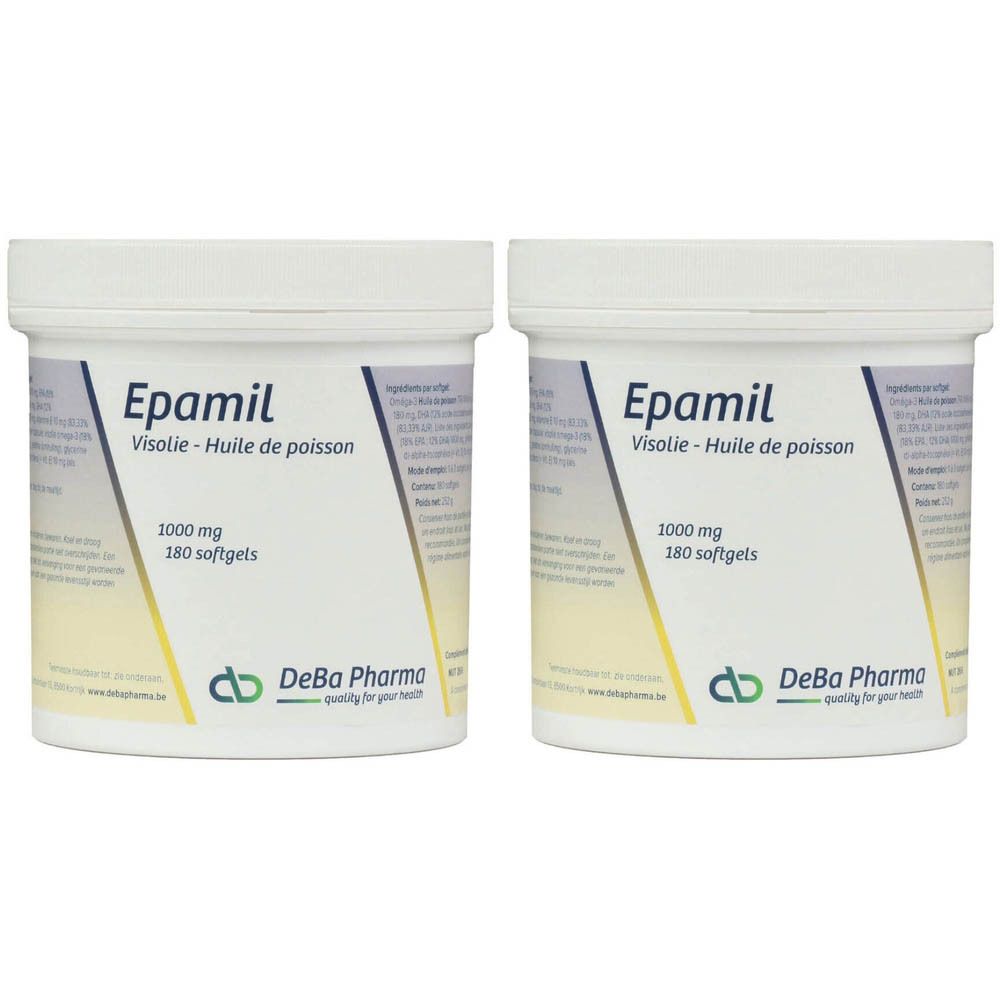 Deux pots blancs avec étiquettes. Inscription: Epamil, Visolie - Huile de poisson, 1000 mg, 180 softgels. Logo DeBa Pharma.