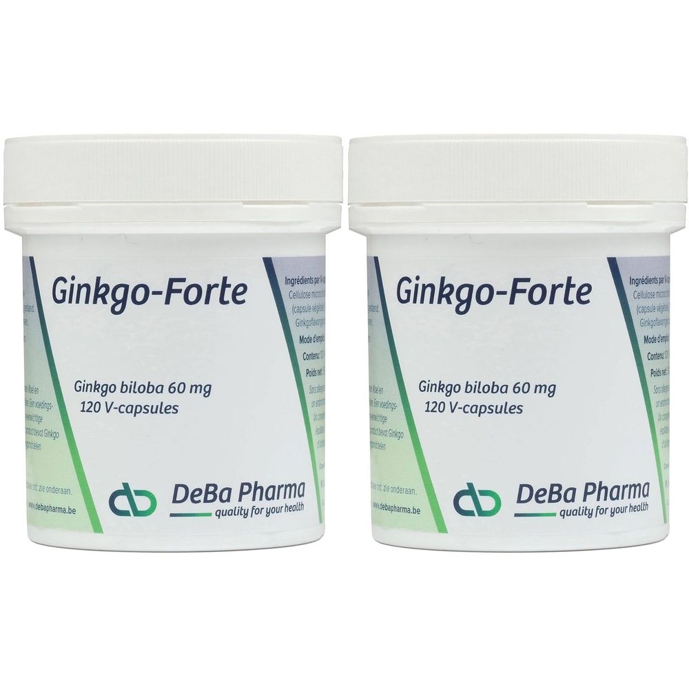 Deux pots blancs avec couvercles. Inscription: Ginkgo-Forte, Ginkgo biloba 60 mg, 120 V-capsules. Logo DeBa Pharma.