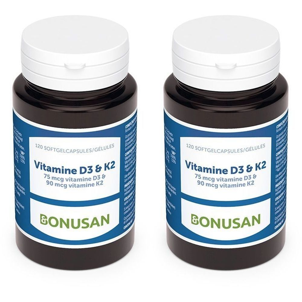 Deux flacons de BONUSAN Vitamine D3 & K2. Flacons bruns avec couvercles blancs et étiquettes bleues. Texte : Vitamine D3 & K2, 120 gélules.