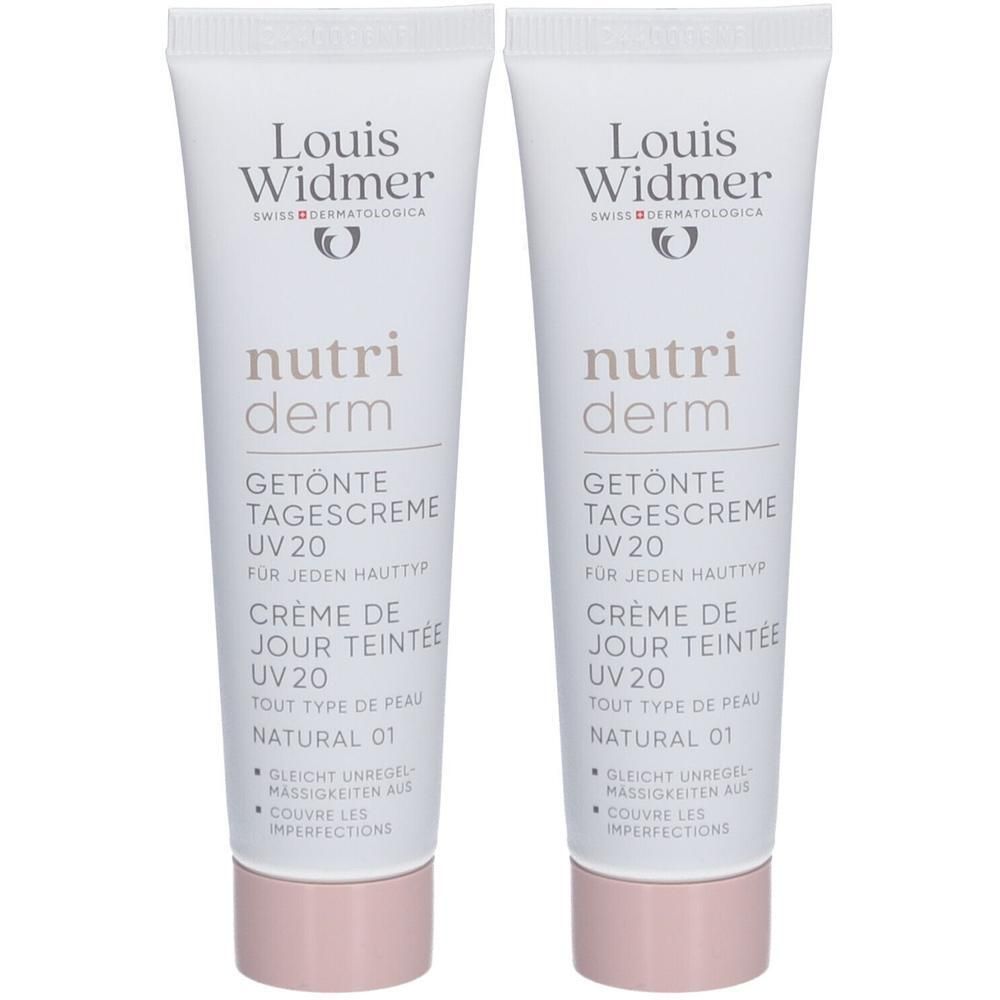 Deux tubes de crème de jour Louis Widmer Nutriderm. Blanc, avec texte et bouchon rose. UV20.