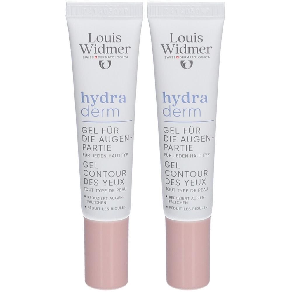 Deux tubes de gel contour des yeux Louis Widmer Hydraderm. Tubes blancs avec bouchon rose. Nom du produit et logo imprimés.