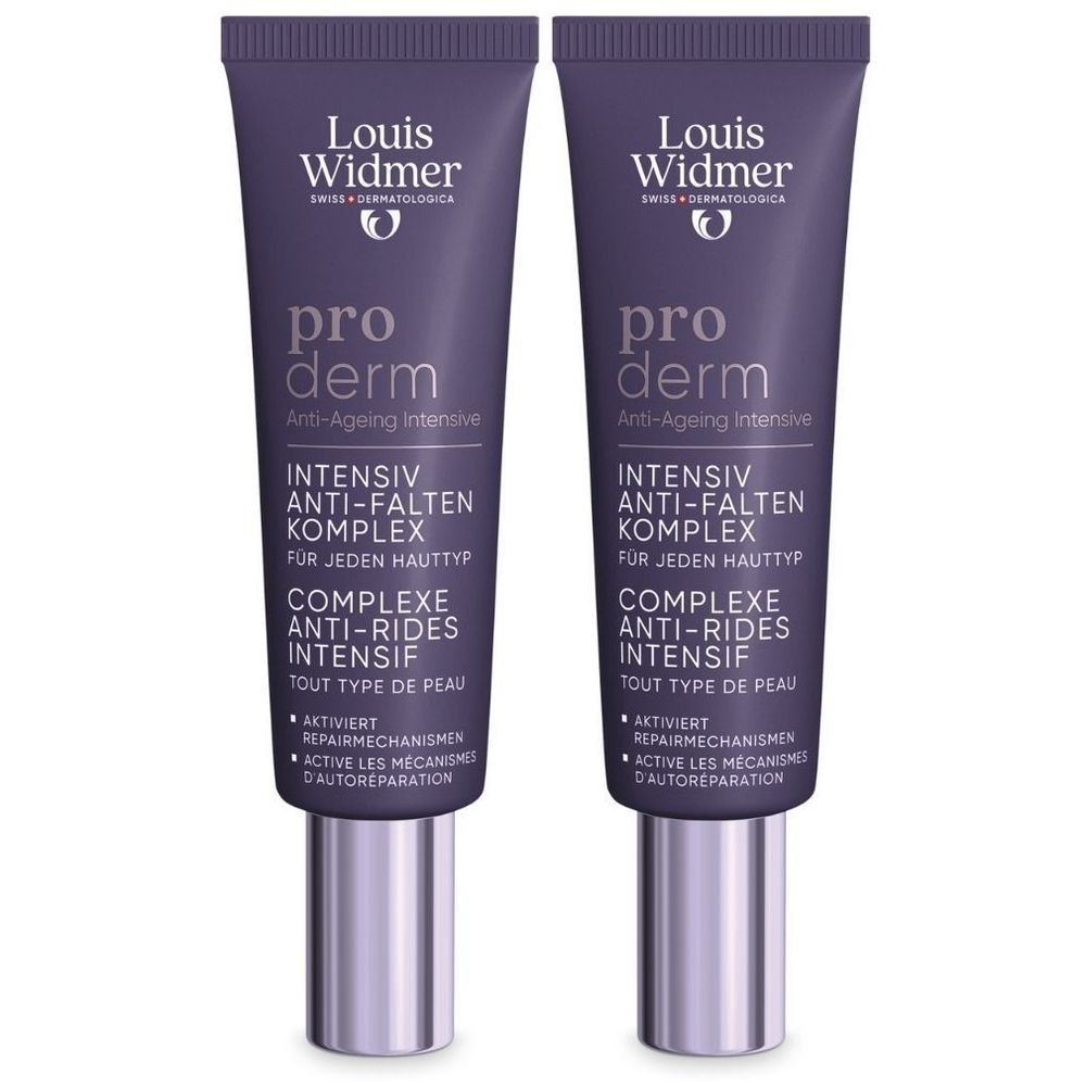 Deux tubes Louis Widmer Proderm Anti-Ageing Intensive. Tubes violets avec bouchons argentés. Texte: Proderm, Anti-Ageing Intensive.