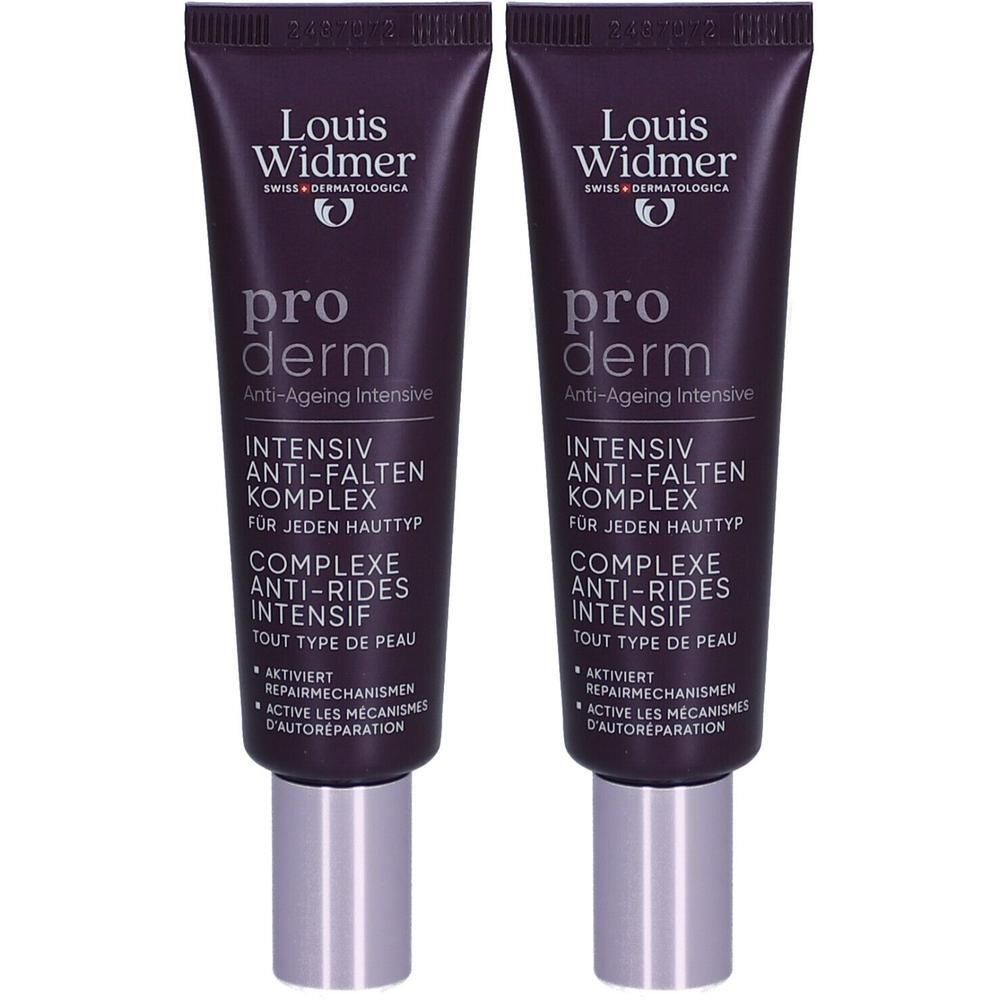 Deux tubes Louis Widmer Proderm Anti-Ageing Intensive. Tubes violets avec bouchons argentés. Texte: Proderm, Anti-Ageing Intensive.