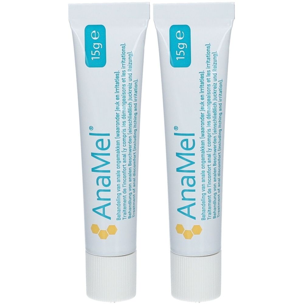 Deux tubes AnaMel. Tubes blancs avec texte bleu et logo jaune. Inscription : 15g e. Traitement de l'inconfort anal.