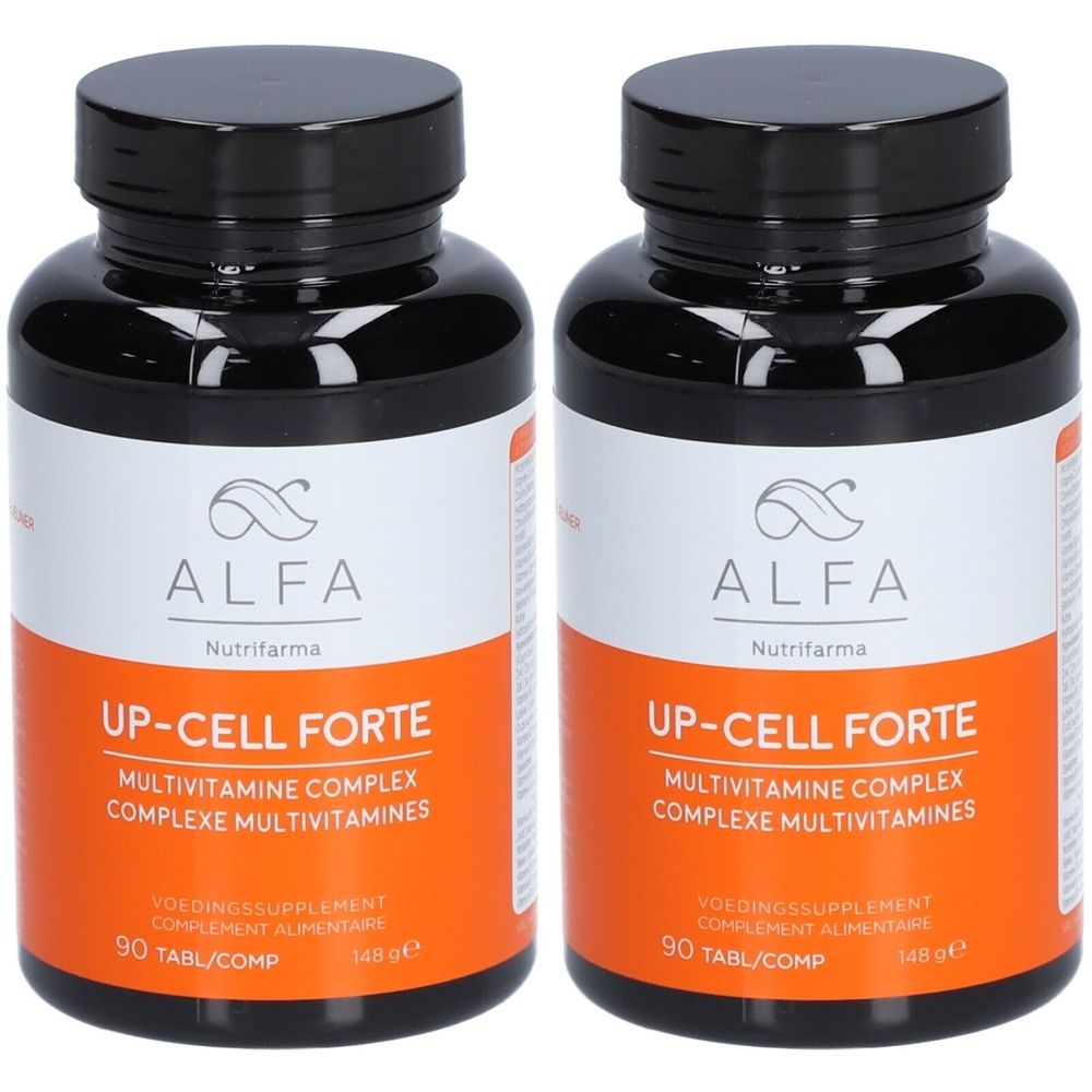 Deux flacons noirs. Inscription : ALFA, UP-CELL FORTE, complexe multivitaminé. Étiquette orange avec texte. 90 comprimés.