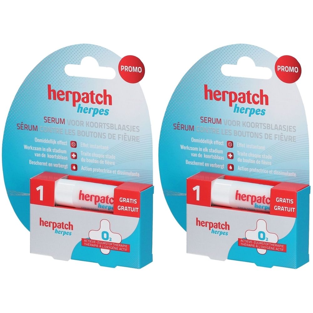 Deux présentations de Herpatch Herpes Sérum. Bâtonnets blancs dans boîtes bleues et blanches. Autocollant promo.
