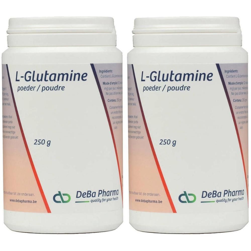 Deux pots blancs de poudre de L-Glutamine. Inscription: L-Glutamine, 250 g. Marque: DeBa Pharma.