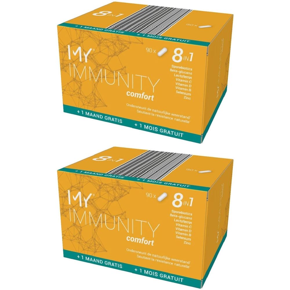 Deux boîtes jaunes avec "MY IMMUNITY comfort" et "8 en 1". Contient des vitamines et minéraux. Inscription "+1 MOIS GRATUIT".
