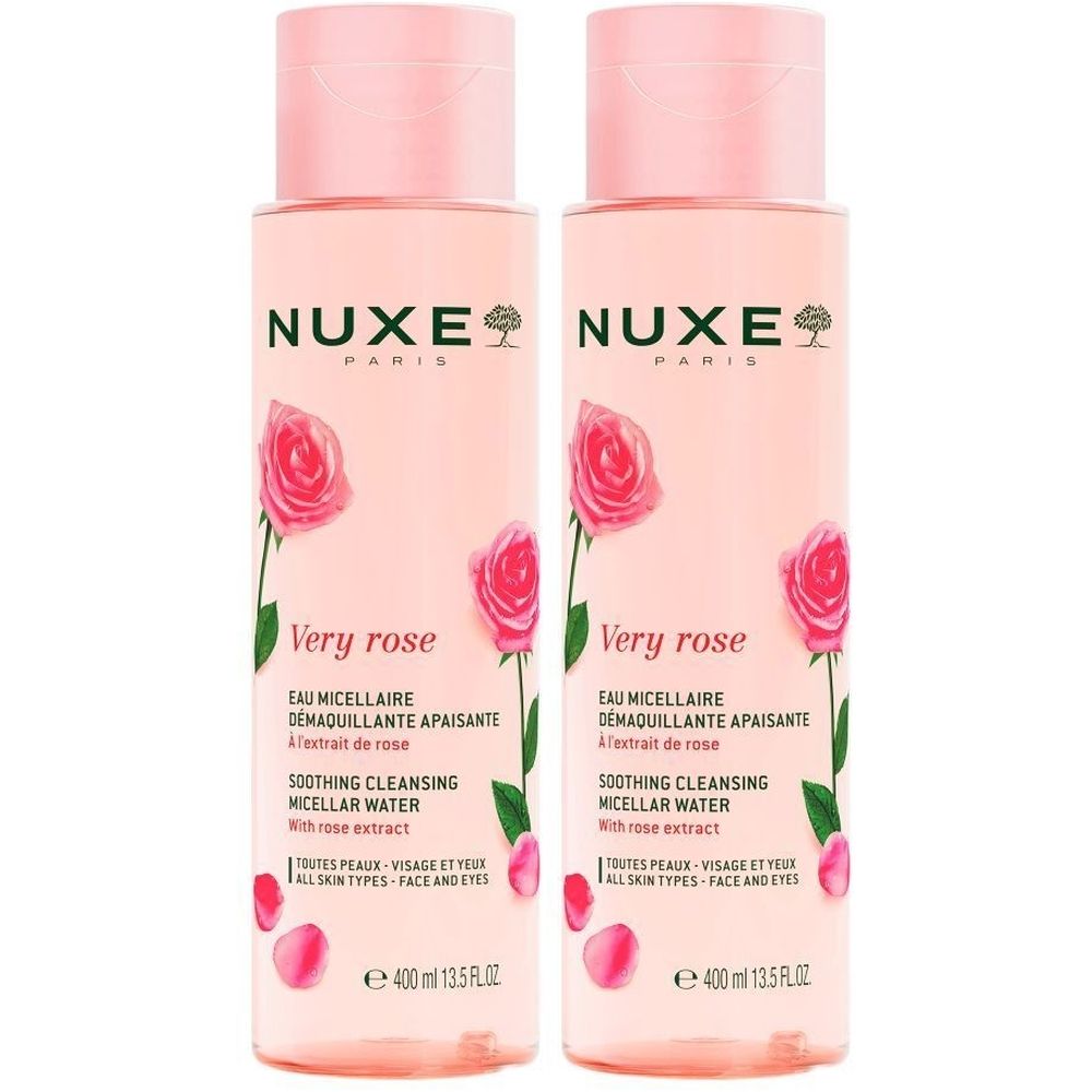 Deux flacons de Nuxe Very Rose. Liquide rose, bouchon rose. Étiquette avec rose et texte.