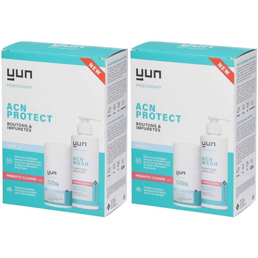 Deux boîtes de produits avec gel lavant, crème et flacon. Inscription : ACN PROTECT, YUN. Nouvelle formule.