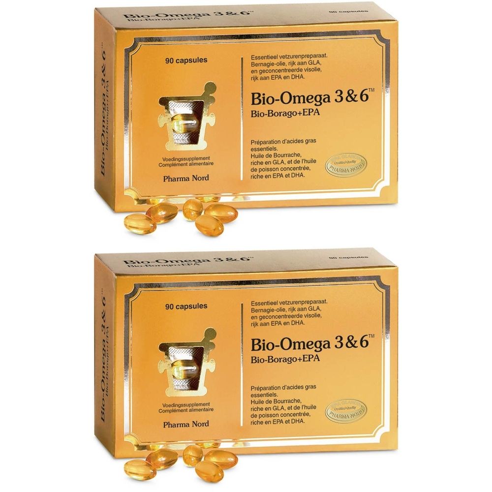 Deux boîtes dorées Bio-Omega 3&6 avec capsules. 90 capsules. Logo Pharma Nord. Avec sceau.