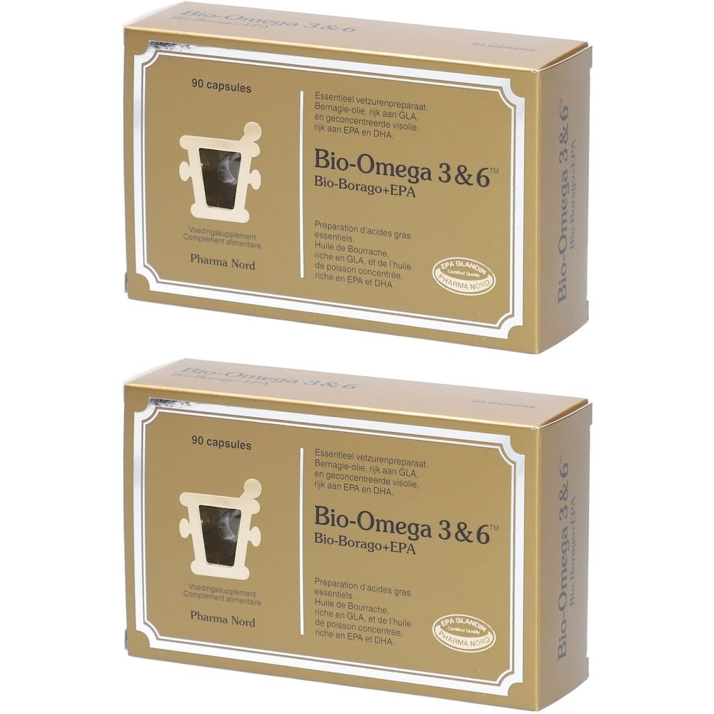 Deux boîtes dorées Bio-Omega 3&6. 90 capsules. Logo Pharma Nord. Avec sceau.