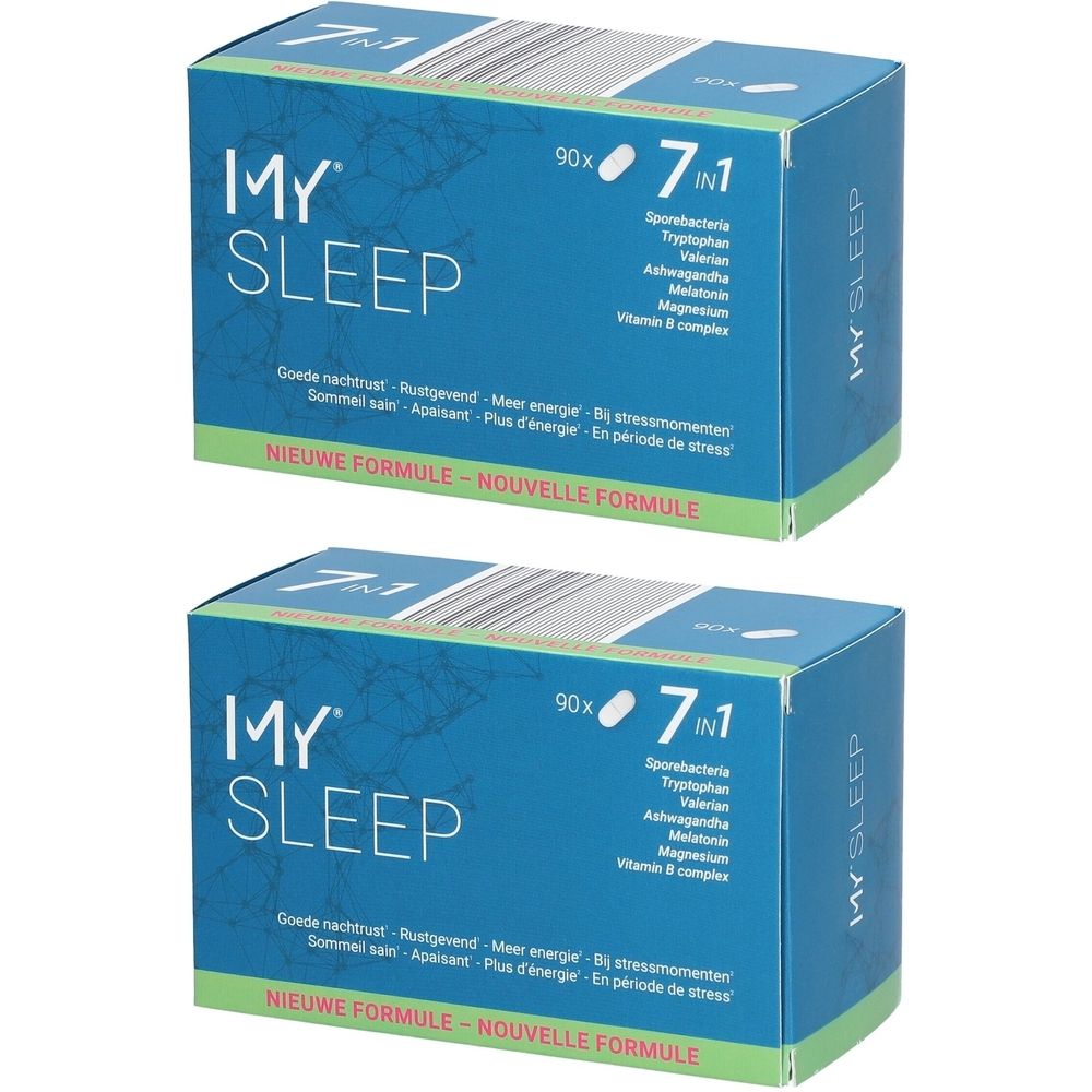 Deux boîtes de "MY SLEEP". Emballage bleu avec des accents blancs et verts. Contient 90 comprimés et 7 ingrédients.